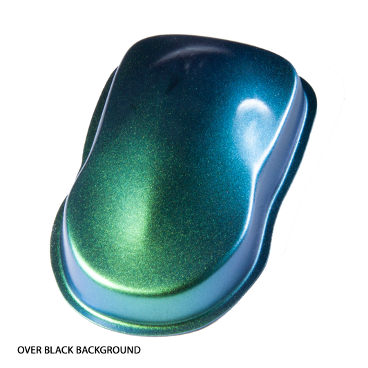 CP-DD02 Blue Green Yellow Super Color Shift (Chameleon) Sparkling Luster Powder applied to a black background.