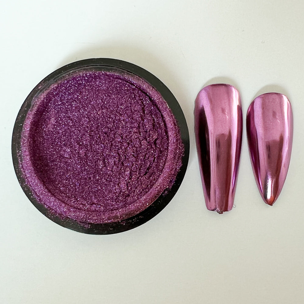 CP-DS08 Mirror Pink Violet Pigment Powder & nails painted with the pigment used in a nail paint blend. Not approved for cosmetic use, but OK for nail applications. Available in 2g Sample & 30g sizes.