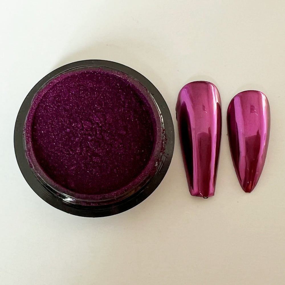 CP-DS12 Mirror Imperial Violet Pigment Powder & nails painted with the pigment used in a nail paint blend. Not approved for cosmetic use, but OK for nail applications. Available in 2g Sample & 30g sizes