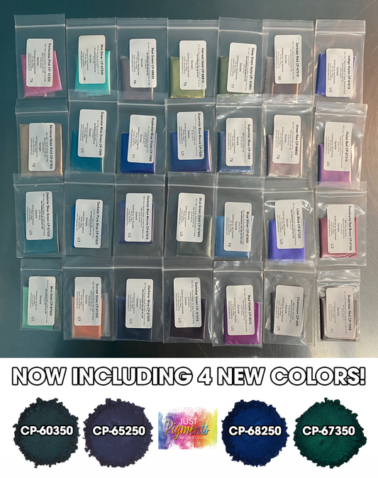 CP-SPDC Sample Pack 32 Duo Chrome Colors is a sample pack of pigment powders featuring all 32 of Duo Chrome pigments available from Just Pigments! Each sample is 2 grams +/- each.
