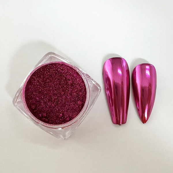 CP-DF02 Mirror Magenta Pigment Powder & nails painted with the pigment used in a nail paint blend. Not approved for cosmetic use, but OK for nail applications. Available in 2g Sample & 30g sizes.