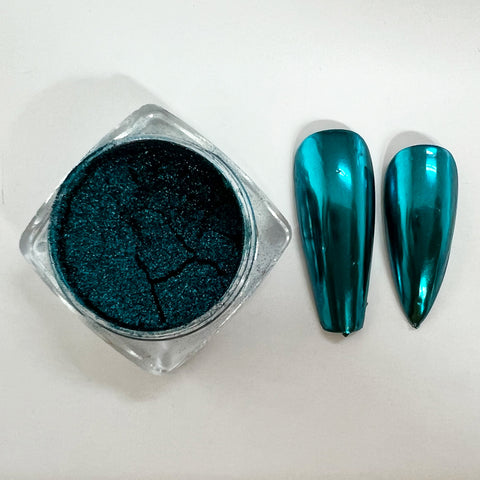 CP-DF10 Mirror Ocean Blue Green Pigment Powder & nails painted with the pigment used in a nail paint blend. Not approved for cosmetic use, but OK for nail applications. Available in 2g Sample & 30g sizes.