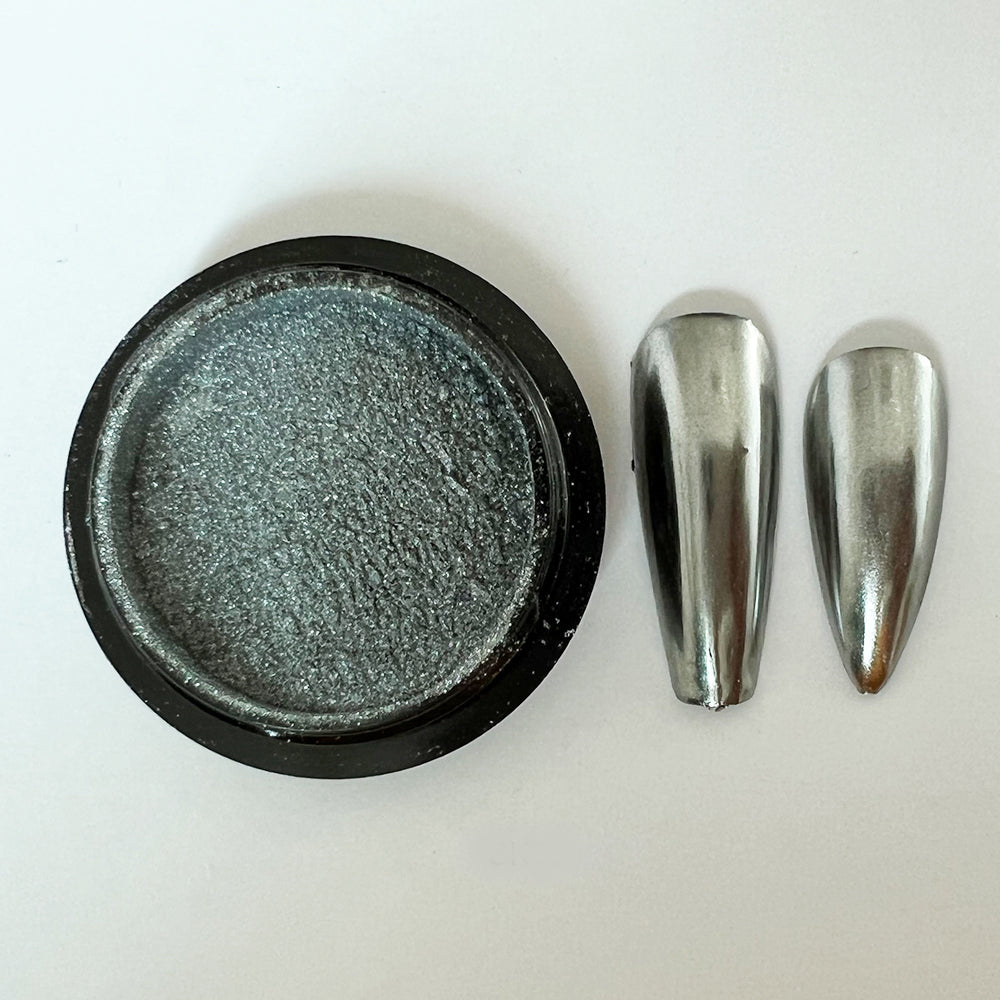 CP-DS03 Mirror Grey Pigment Powder & nails painted with the pigment used in a nail paint blend. Not approved for cosmetic use, but OK for nail applications. Available in 2g Sample & 30g sizes.
