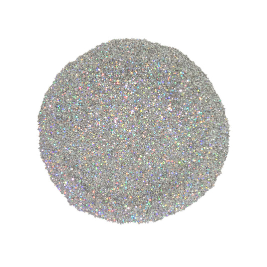 CP-BM011 Bio Glitter Silver Rainbow is a Silver colored Earth Friendly Glitter w/ a 200 micron size (.008 HEX size).

Approved for external use ONLY. Popular for Limited Cosmetic, Epoxy, Resin, Nail Polish, Polymer Clay, Paint, Candle, Plastic, Ceramic, Silicone, & other applications.